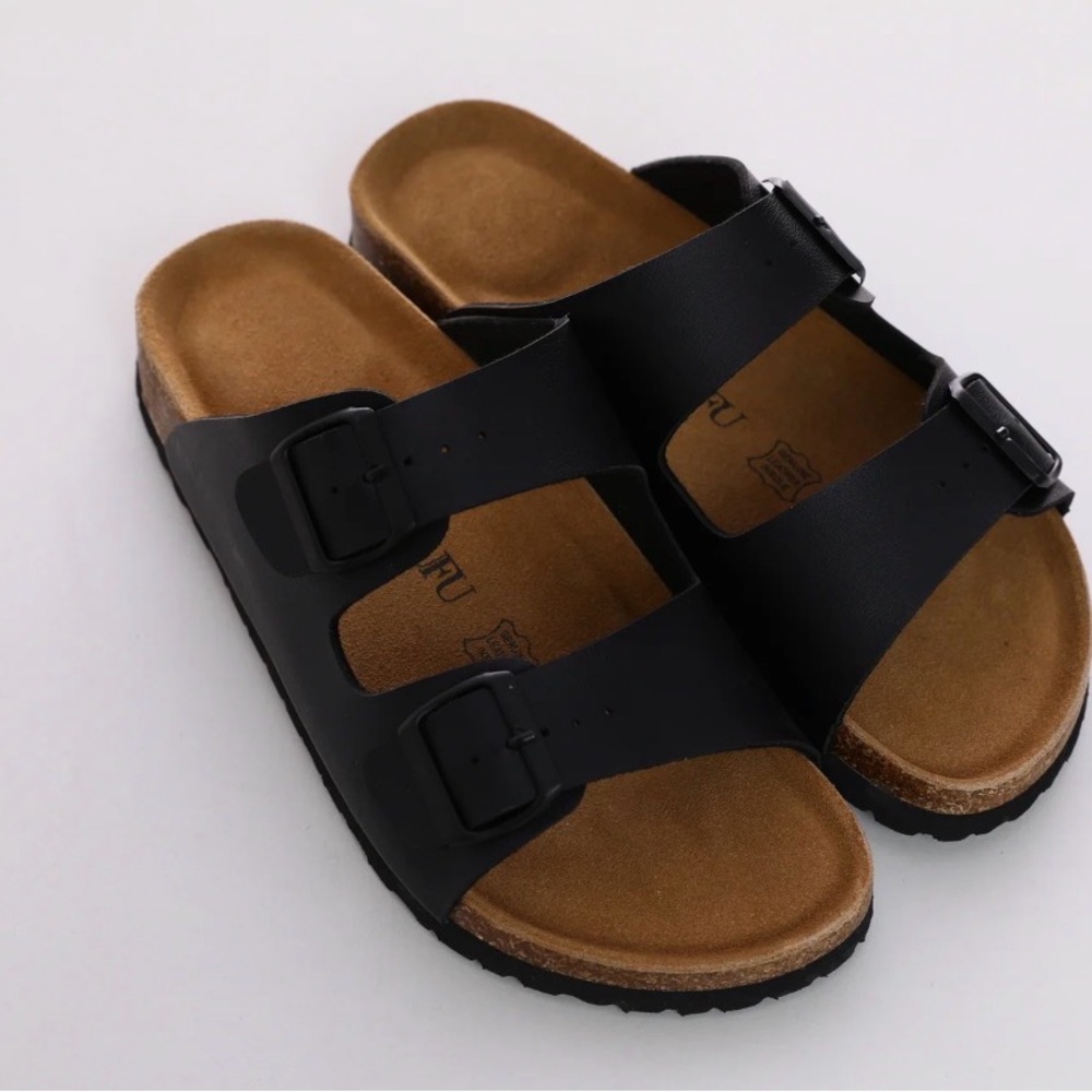 Classic Two-Strap Black Buckle Slides Napa Black
